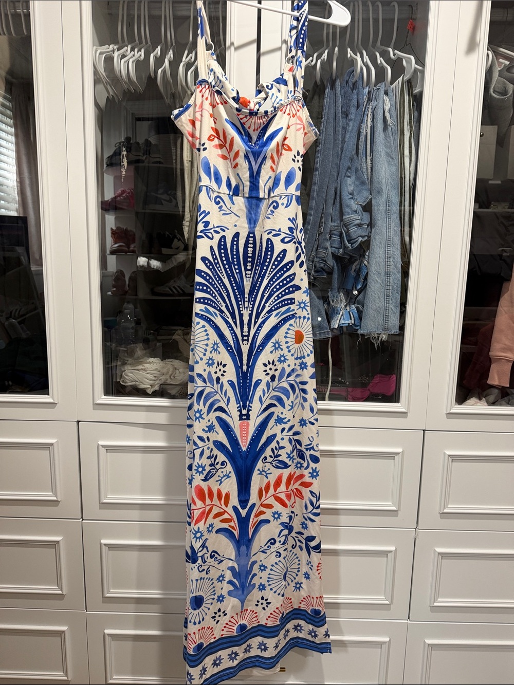 SHEIN White Maxi Dress with Blue and Coral Botanical Print